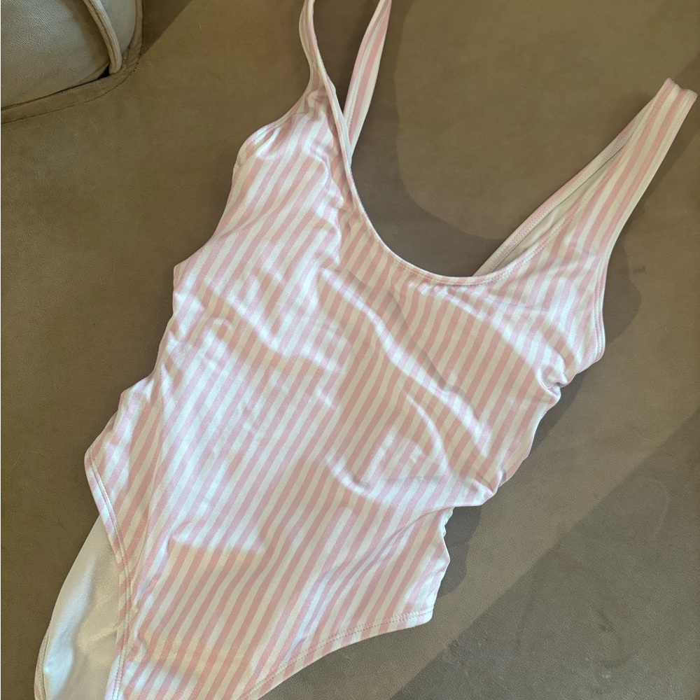 Pink and White Striped Swimsuit